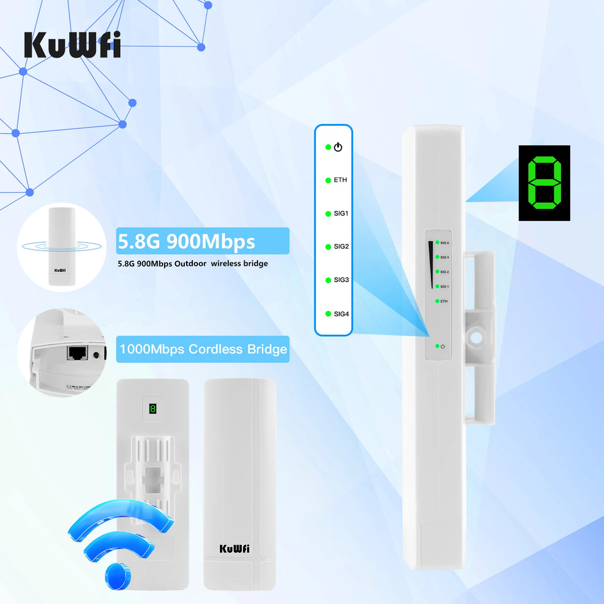 USA Stock KuWFi 5.8Ghz 900Mbps 5KM Distance Ptp Cpe Bridge Waterproof Point to Point Outdoor Wireless Bridge for Ip Camera