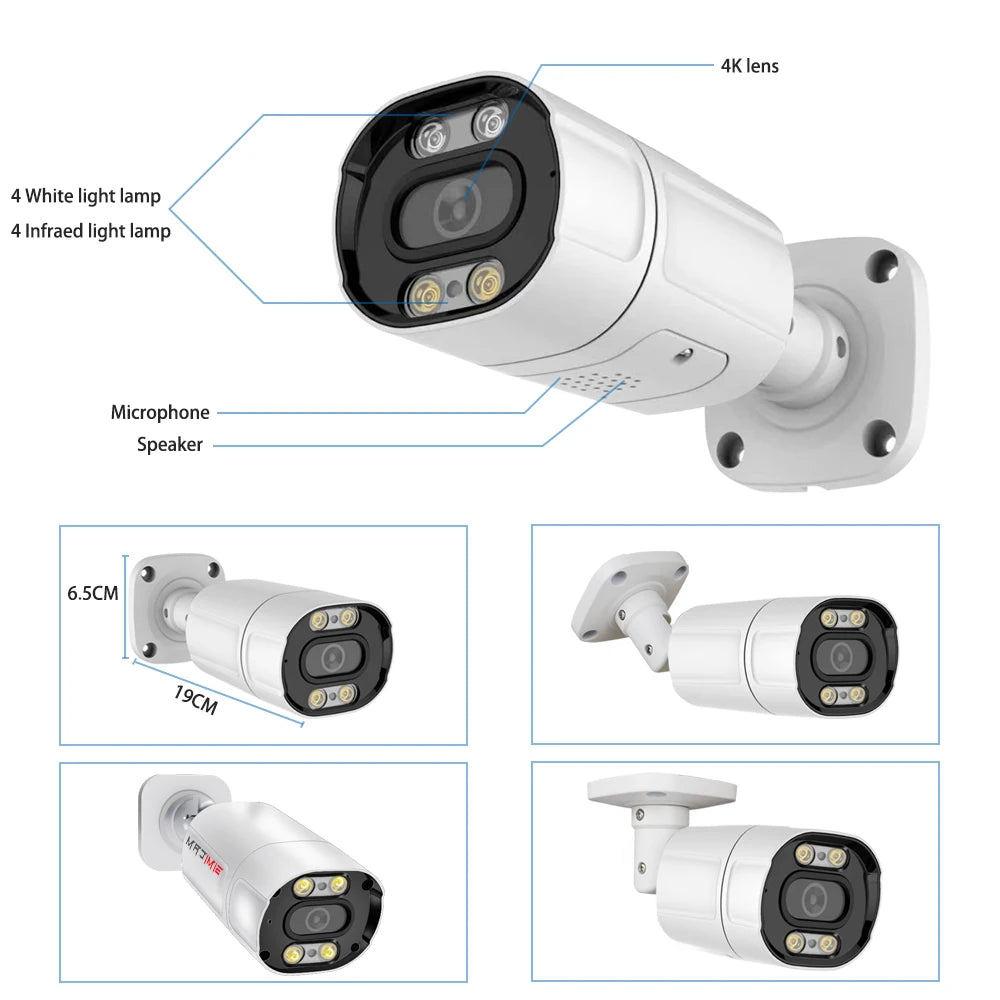 4K 8MP POE IP Security Camera System NVR Kit Face Detection Two Way Audio Metal Bullet With RJ45 Cable Street Video Surveillance