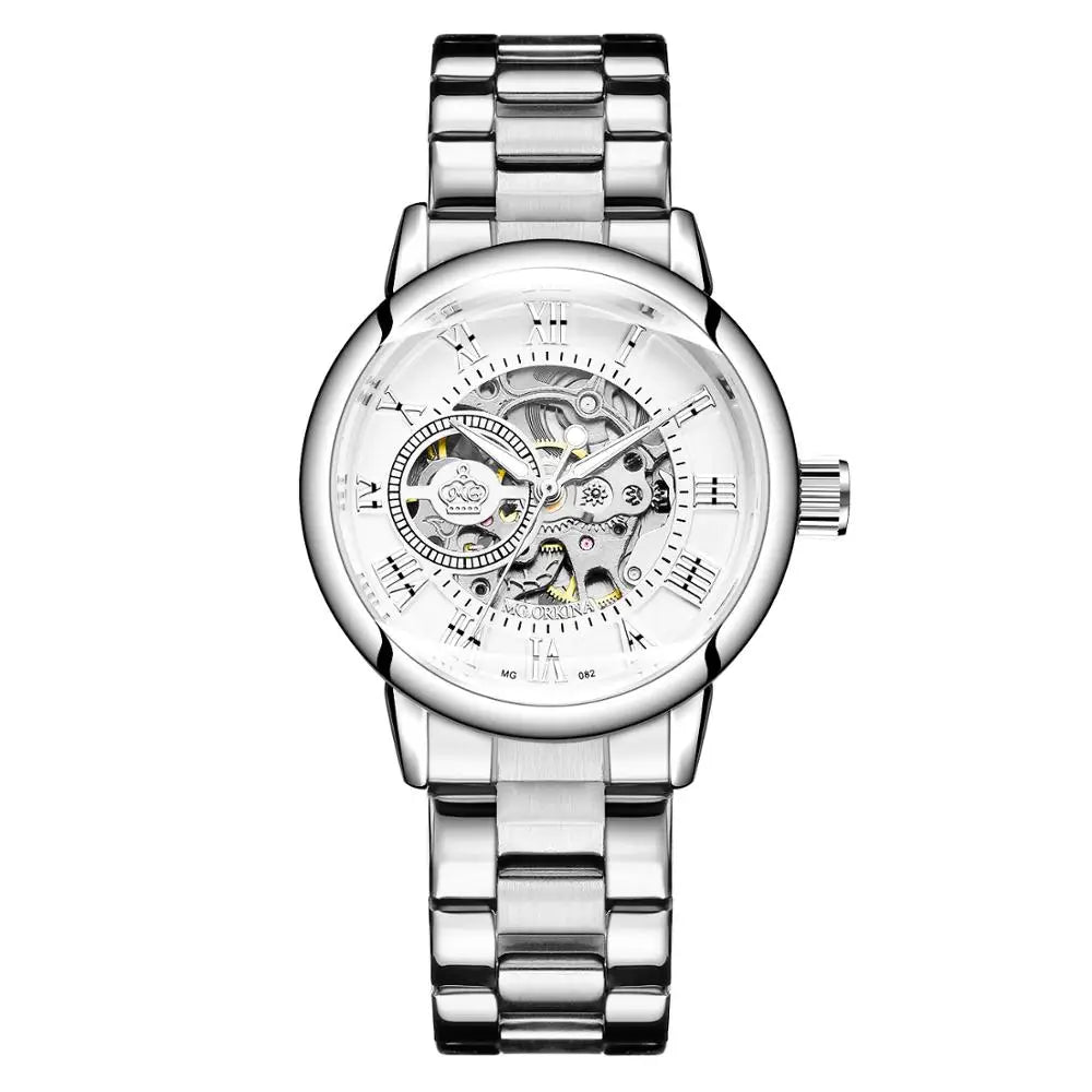 ORKINA Women Watch Automatic Mechanical Skeleton Chic Rose Gold Lady Wristwatch in Mesh Stainless Steel Bracelet / Leather Strap