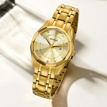 BERNY Golden Watch for Women Quartz Luxury Diamond Shape Lens Ladies Wristwatch Waterproof Stainless Steel Fashion Women Watch