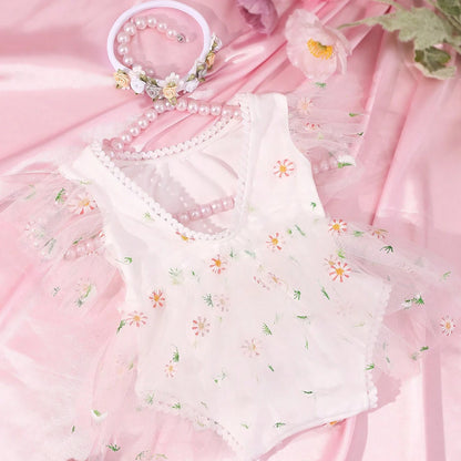 Ylsteed Newborn Daisy Embroidered Romper Baby's Short Sleeve Embroidered Mesh Clothes Full Moon Hundred Days Photo Shooting