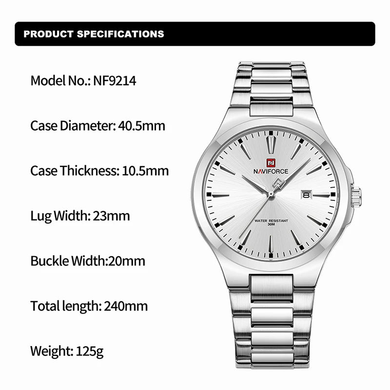 NAVIFORCE Trend Watch for Men Casual Date Display Waterproof Quartz Military Stainless Steel Strap Man Watches Relogio Masculino