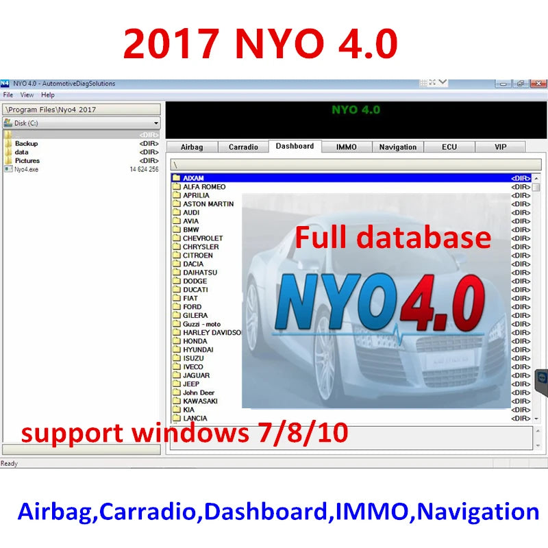 NEWEST Auto Repair Software 2017 NYO 4.0 Full Database Airbag+Carradio+Dashboard+IMMO+Navigation Install Video Guide