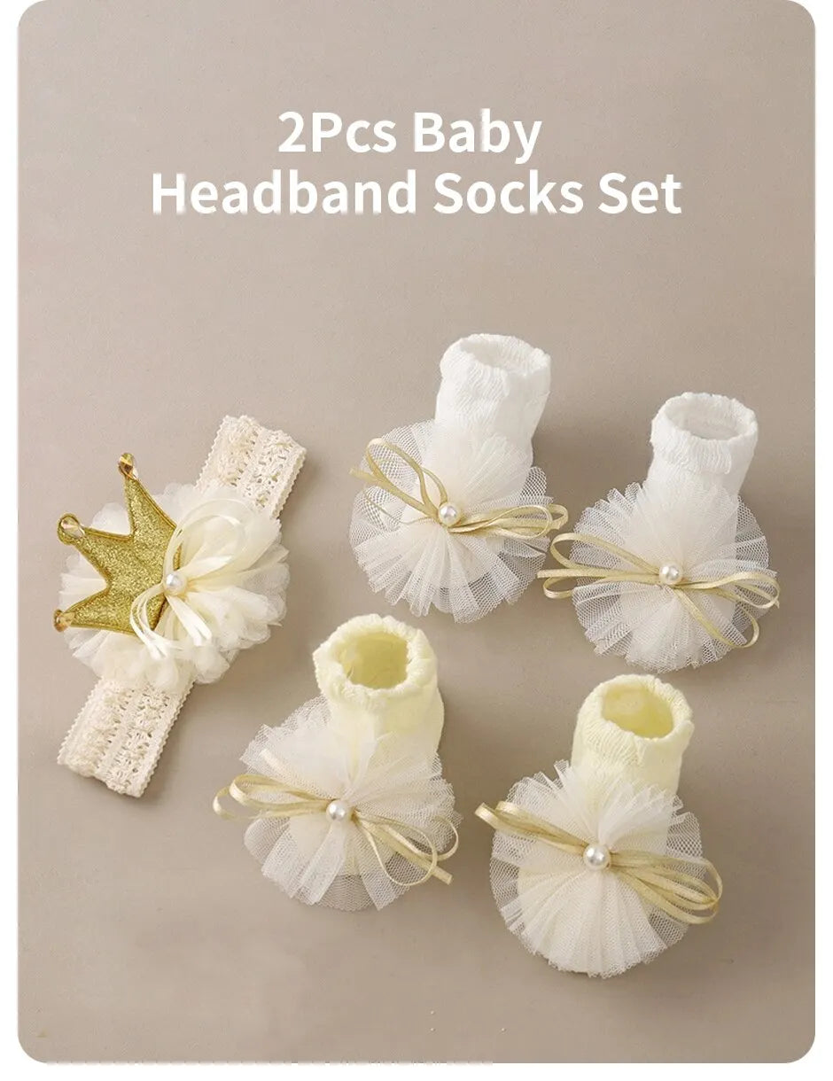 2 Pcs/Set Crown Baby Headband Socks Lace Bows Newborn Infant Girl Socks Hairband Set Kids Hair Accessories