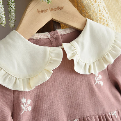 Sweet and Lovely Pink Baby Girl Doll Collar Long Sleeved Floral Princess Dress Korean Version Autumn New