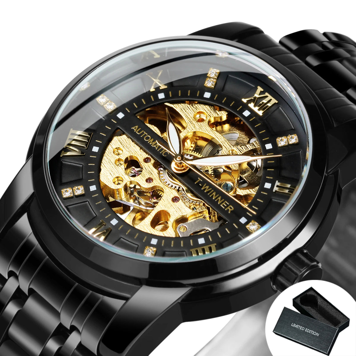 Fashion Skeleton Watch for Men Luminous Hands Iced Out Dial Stainless Steel Strap Business Classic Automatic Mechanical Watches