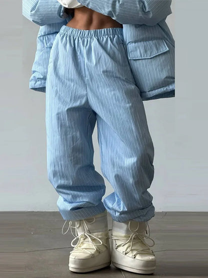 Street Striped Women's Cotton Coat Trouser Suits Hooded Zippers  Autumn Winter Thicken Lady Set 2026 Chic Female Outfits