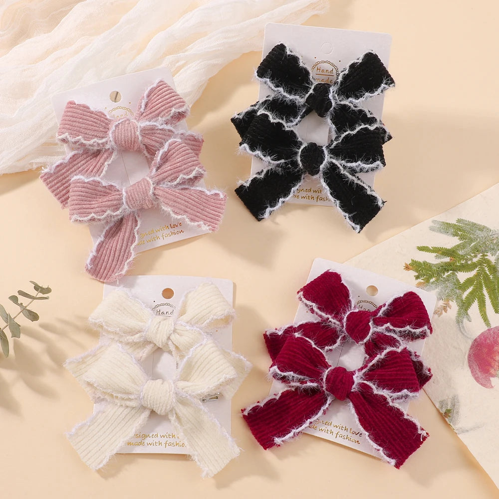 2pcs Knitting Wool Bow Barrettes Striped Lace Bow Hair Clip For Girl Baby Autumn Decor Hair Accessories Kid Party Wear Hairpin