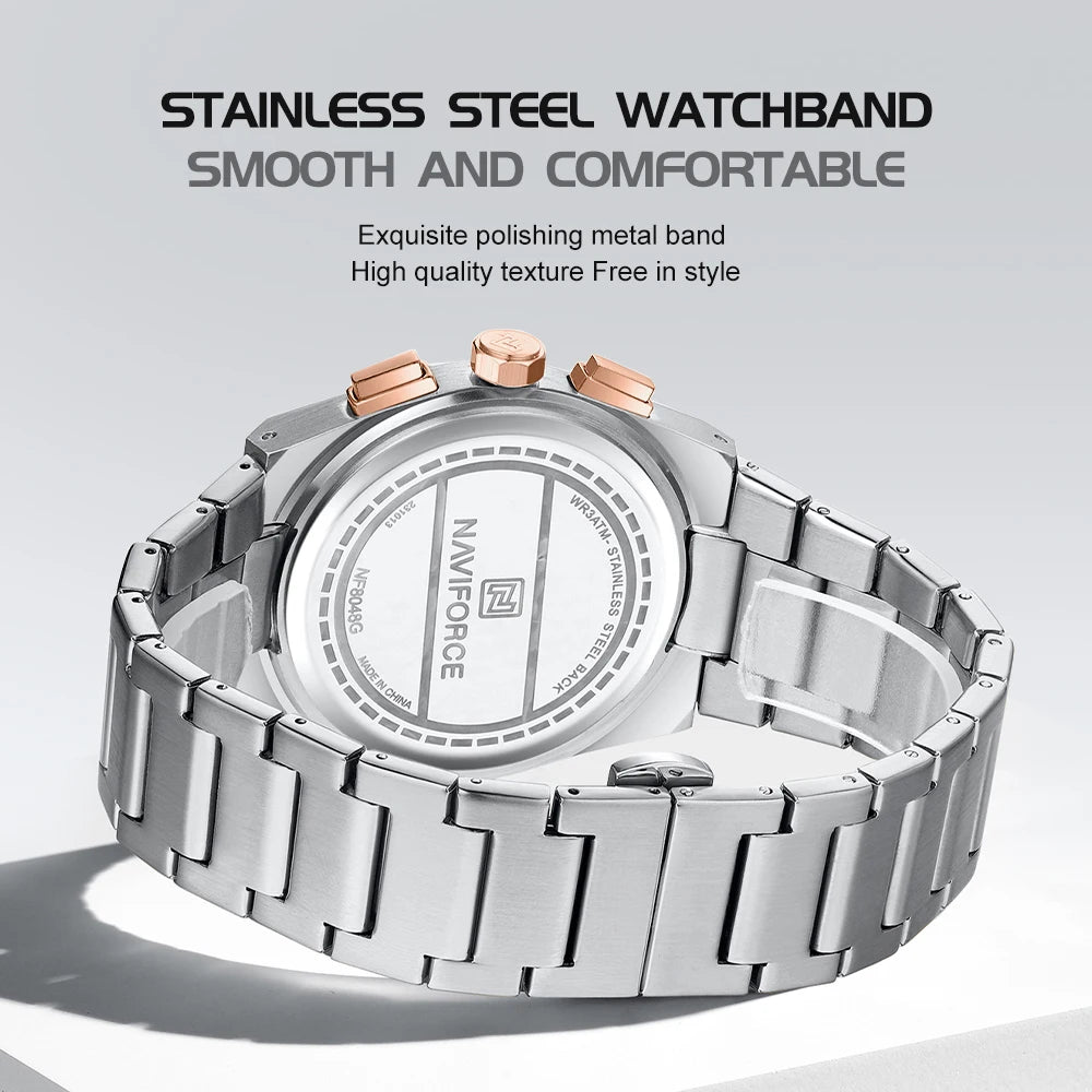 Top Brand NAVIFORCE Men and Women Quartz Chronograph Watch Stainless Band Stylish 24 Hours Date Display Couple Wristwatches 2024