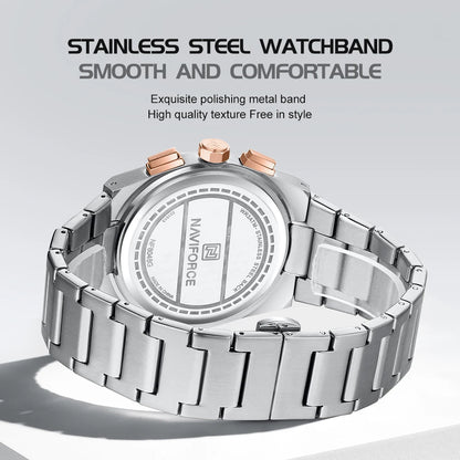 Top Brand NAVIFORCE Men and Women Quartz Chronograph Watch Stainless Band Stylish 24 Hours Date Display Couple Wristwatches 2024