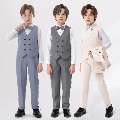 Teenager Kids Beige WaistCoat Shirt Pants Bowtie Tuxedo Dress Boys Vest Suit For Wedding Children Host Photograph Party Costume