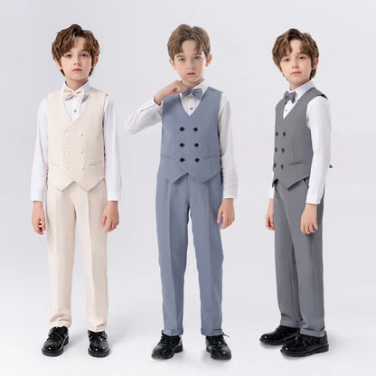 Teenager Kids Beige WaistCoat Shirt Pants Bowtie Tuxedo Dress Boys Vest Suit For Wedding Children Host Photograph Party Costume