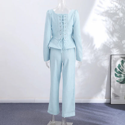 Casual Solid Woolen Top Pants Set Women Puff Full Sleeve Closed Waist Blouse Straight Trousers Sets 2026 Autumn Winter Lady Suit