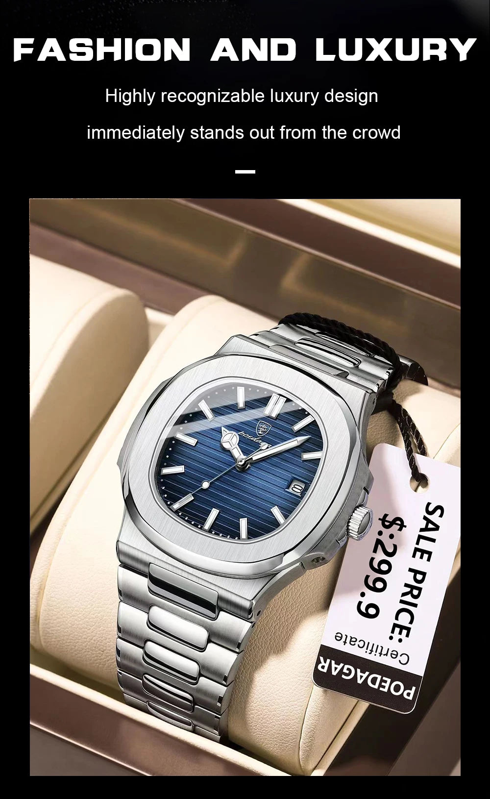 POEDAGAR Luxury Watch For Man Waterproof Luminous Date Men Wristwatch Square Stainless Steel Business Men's Quartz Watches Reloj