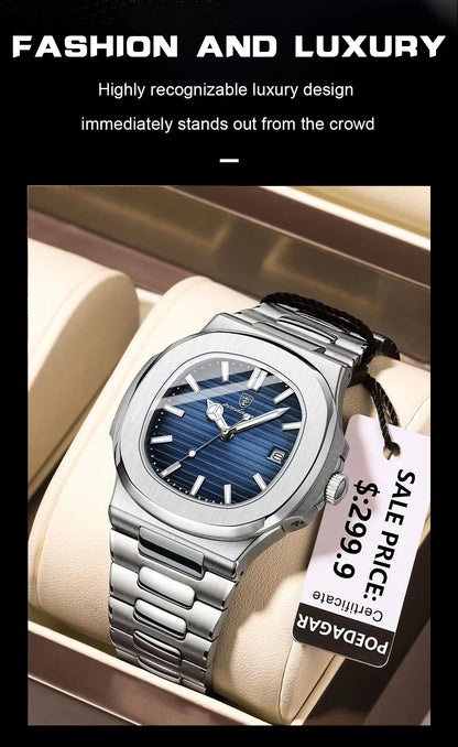 POEDAGAR Luxury Watch For Man Waterproof Luminous Date Men Wristwatch Square Stainless Steel Business Men's Quartz Watches Reloj