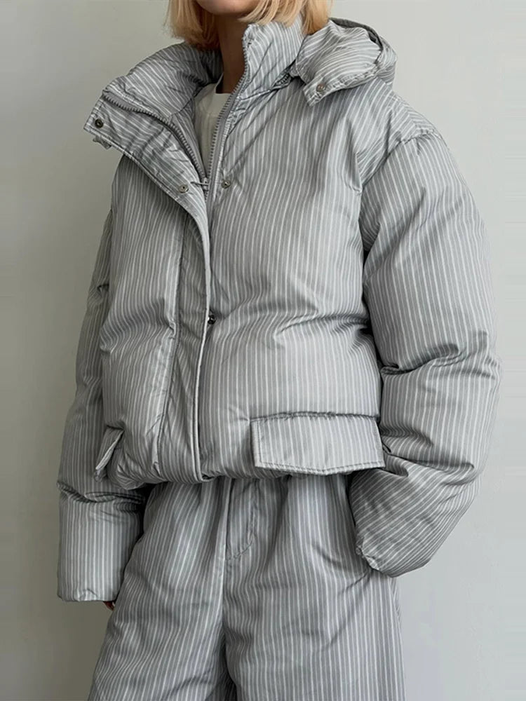 Casual Women's Stripe Set With Hat Full Sleeve Cotton Padded Coat Straight Pants Female Loose Sets 2026 Autumn Winter Lady Suit