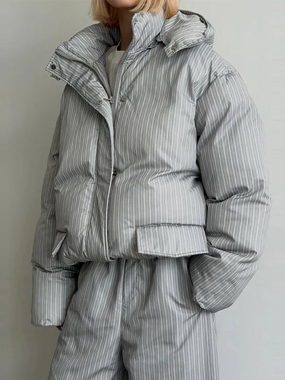 Casual Women's Stripe Set With Hat Full Sleeve Cotton Padded Coat Straight Pants Female Loose Sets 2026 Autumn Winter Lady Suit