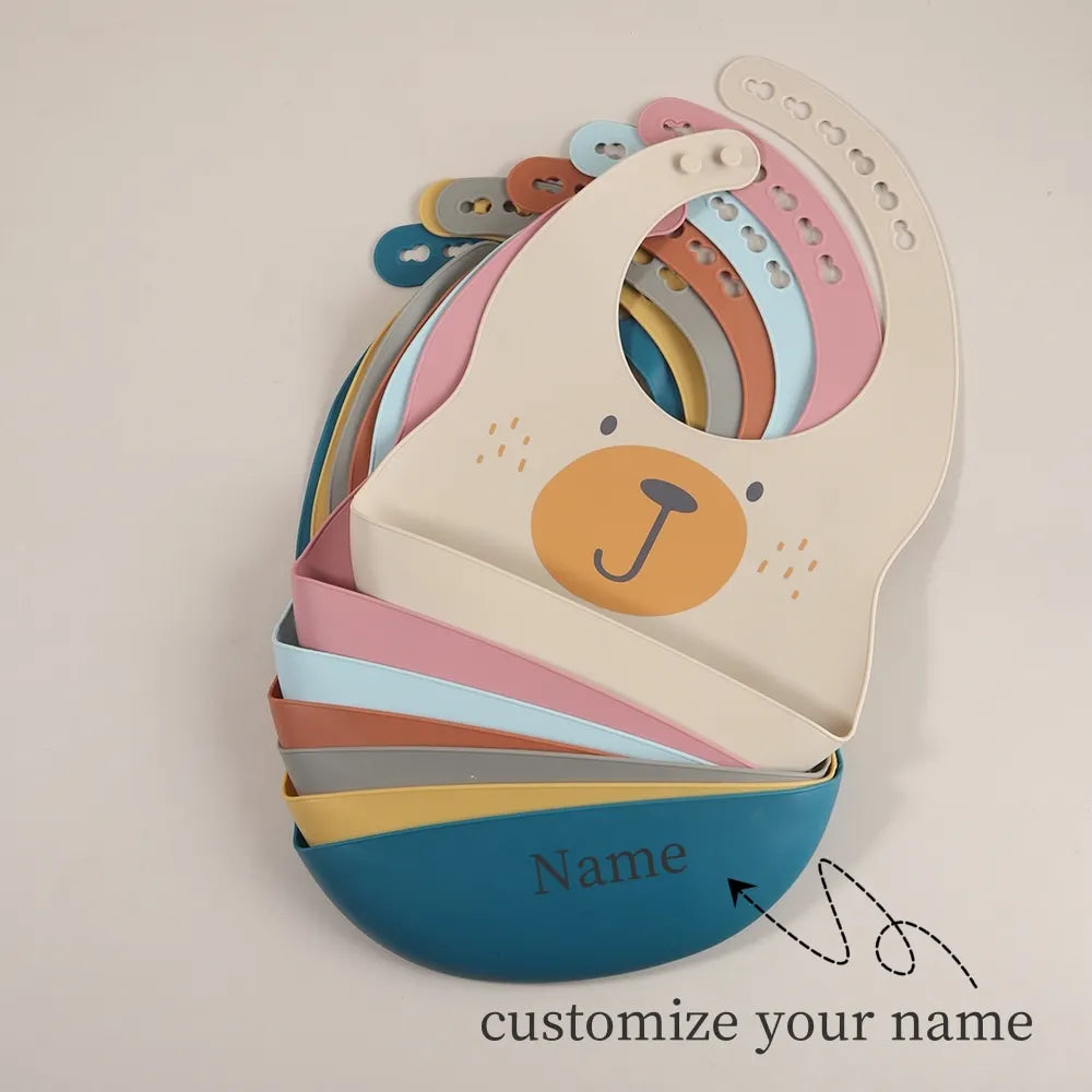 Customize Cartoon Animal Silicone Baby Bib with Name & Pattern Food-Grade Solid Feeding Bib DZ31
