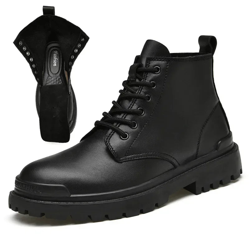 Genuine Leather Motorcycle Boots Men Winter Warm Snow Ankle Boots Man Quality Outdoor Shoes Leisure Walking Shoes Big Size 38-48