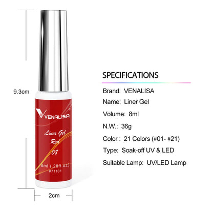 Venalisa Liner Gel 8ml French Nail Gel Polish UV LED Painting Gel Nail Art Design Gorgeous Glitter Color DIY Drawing Polish