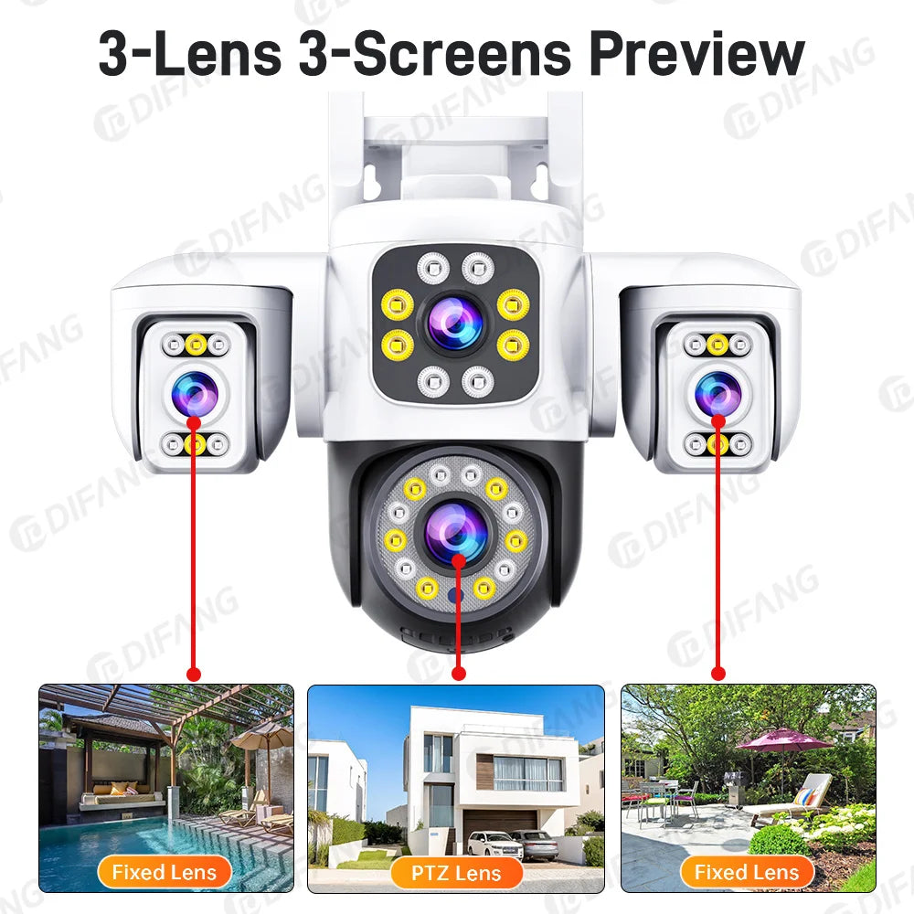 Yoosee 15MP WIFI Security Camera Outdoor AI Human Tracking 3 Lens 3 Screens 360° PTZ Surveillance Full Color Night Vision CCTV