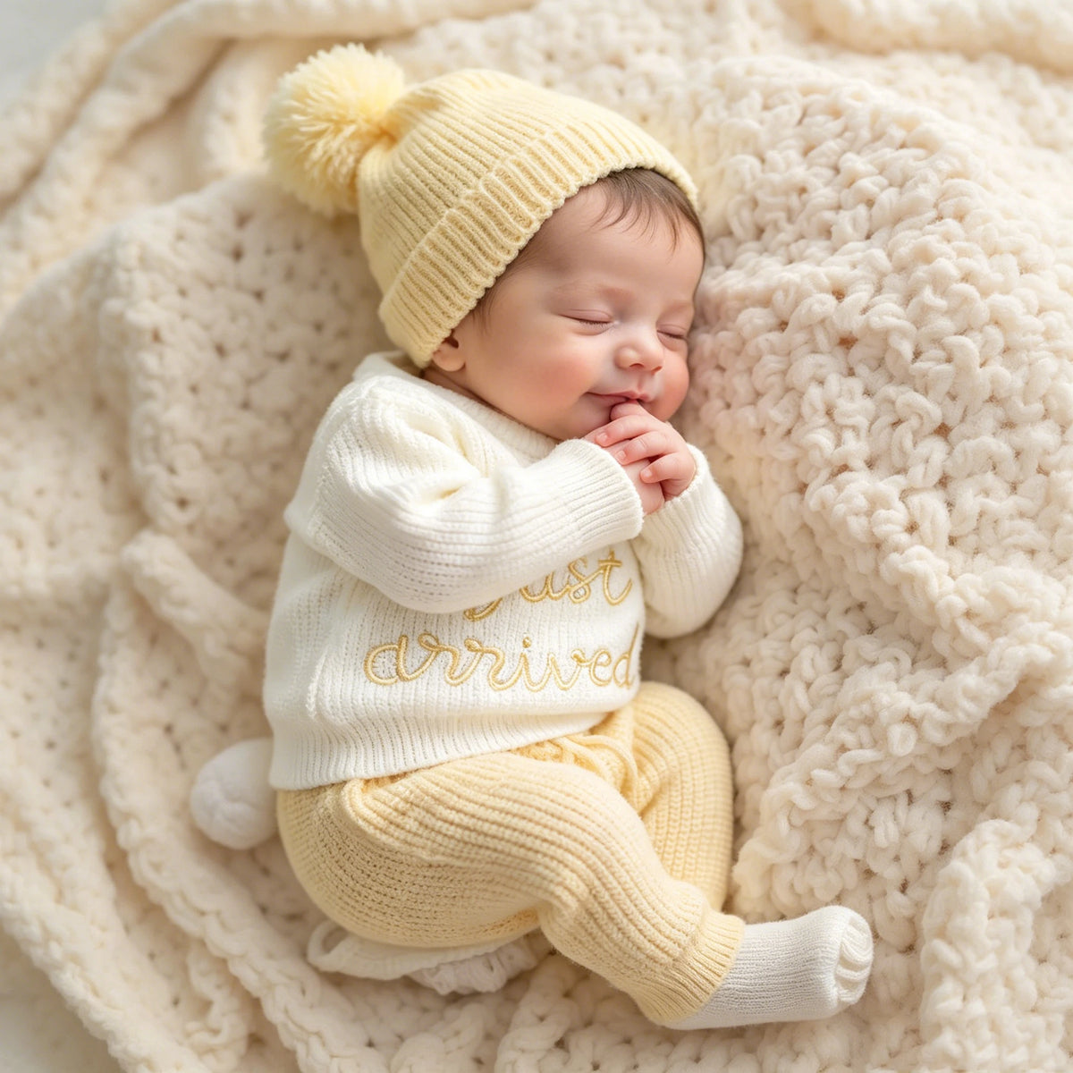 Ylsteed 3 Pcs Set Knitting Newborn Boy Photography Clothes "Just Arrived" Embroidery Khaki Baby Outfits Sweater Baby Shower Gift