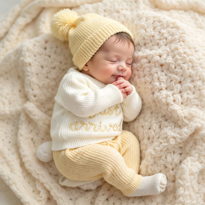 Ylsteed 3 Pcs Set Knitting Newborn Boy Photography Clothes "Just Arrived" Embroidery Khaki Baby Outfits Sweater Baby Shower Gift