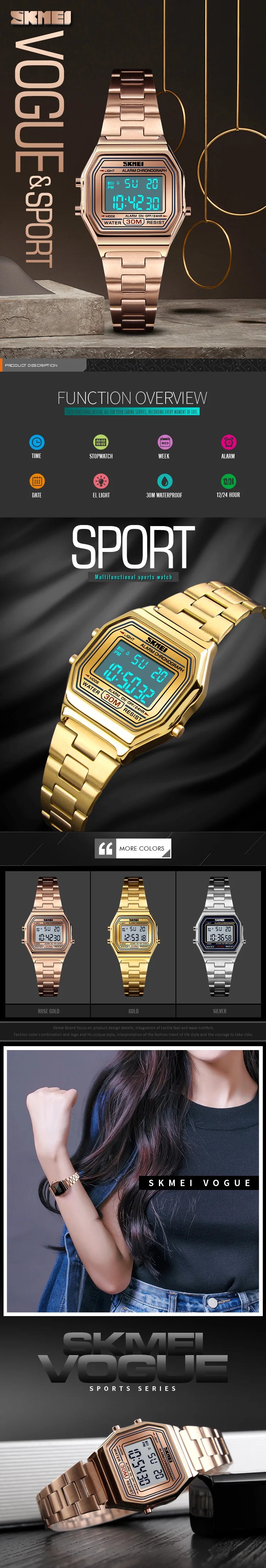 SKMEI 1415 Luxury Retro Digital Sports Watch for Women Stainless Steel Electron Waterproof Wristwatches Girl Clock Reloj Hombre