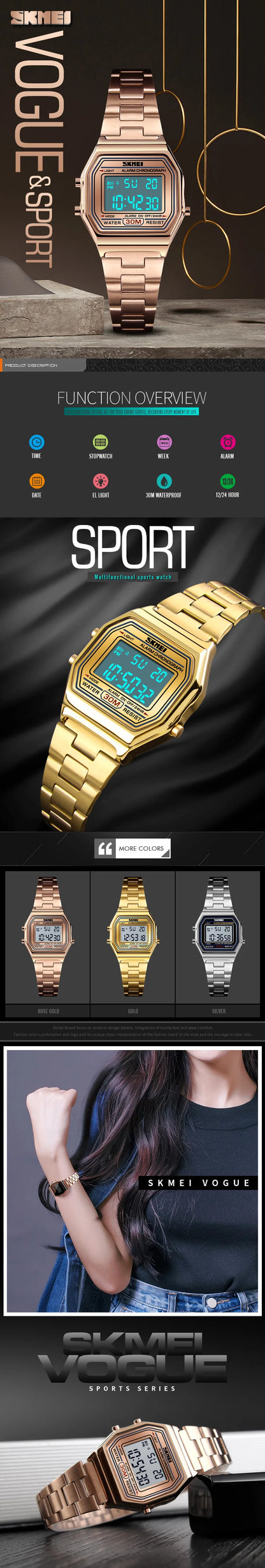 SKMEI 1415 Luxury Retro Digital Sports Watch for Women Stainless Steel Electron Waterproof Wristwatches Girl Clock Reloj Hombre