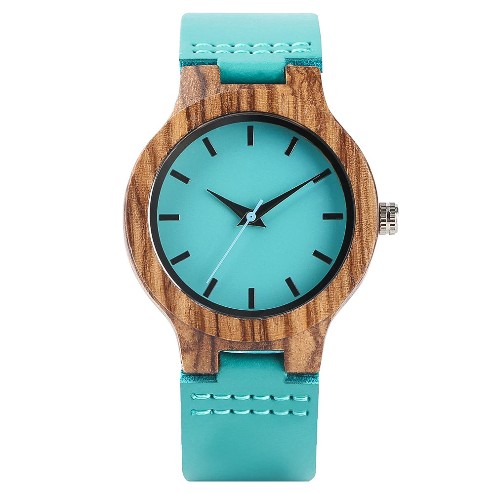 Unique Blue Genuine Leather Quartz Watch Men Women Fashion Minimalist Zebrawood Watch Case Couple Wristwatches Anniversary Gift