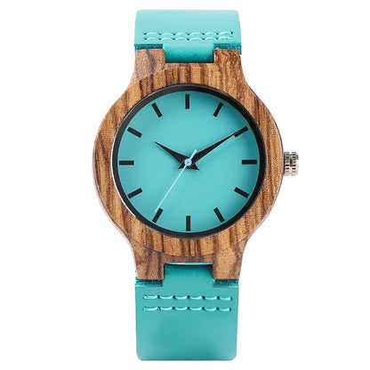 Unique Blue Genuine Leather Quartz Watch Men Women Fashion Minimalist Zebrawood Watch Case Couple Wristwatches Anniversary Gift