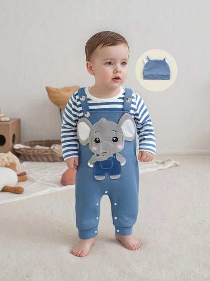 Cute Infant Newborn Baby Boys 3Pcs Outfit Cute Baby Clothes Long Sleeve Striped Romper Animal Embroidery Overalls Hat Clothes