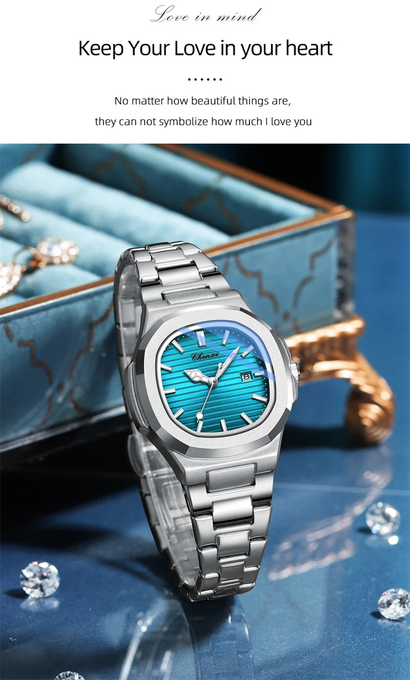 CHENXI 8222 Fashion Couple Quartz Watch Waterproof Night Light Date Stainless Steel Strap Casual Date Men's and Women's Watch