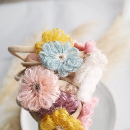 1.6in Woolen Flowers Baby Girls Nylon Headbands Kid Handmade Elastic Hairbands Children Hair Accessories Vintage Toddler Winter