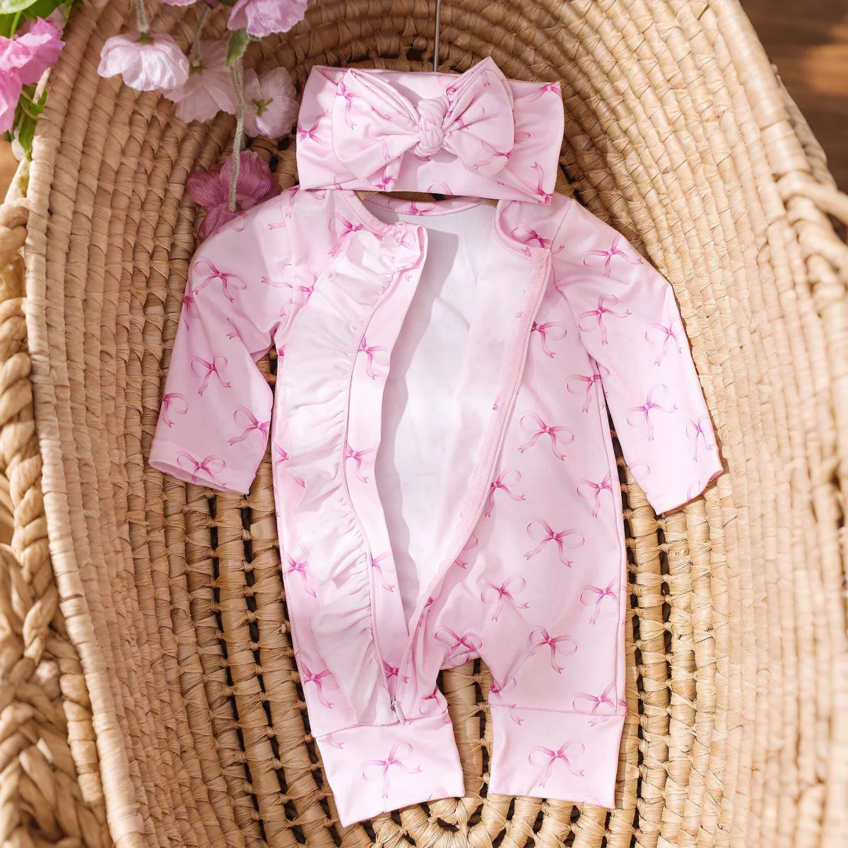 Ylsteed 2Pcs Set Pink Bowknot Newborn Photography Jumpsuit with Pink Bow Headband 100 Days Baby Girl Photoshoot Outfits