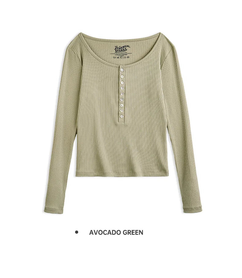 Maden Women’s Slim Fit Henley Shirt Ribbed Knit Long Sleeve T-shirt O-Neck Layering Top Solid Color Autumn Winter Inner Wear