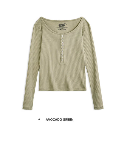 Maden Women’s Slim Fit Henley Shirt Ribbed Knit Long Sleeve T-shirt O-Neck Layering Top Solid Color Autumn Winter Inner Wear