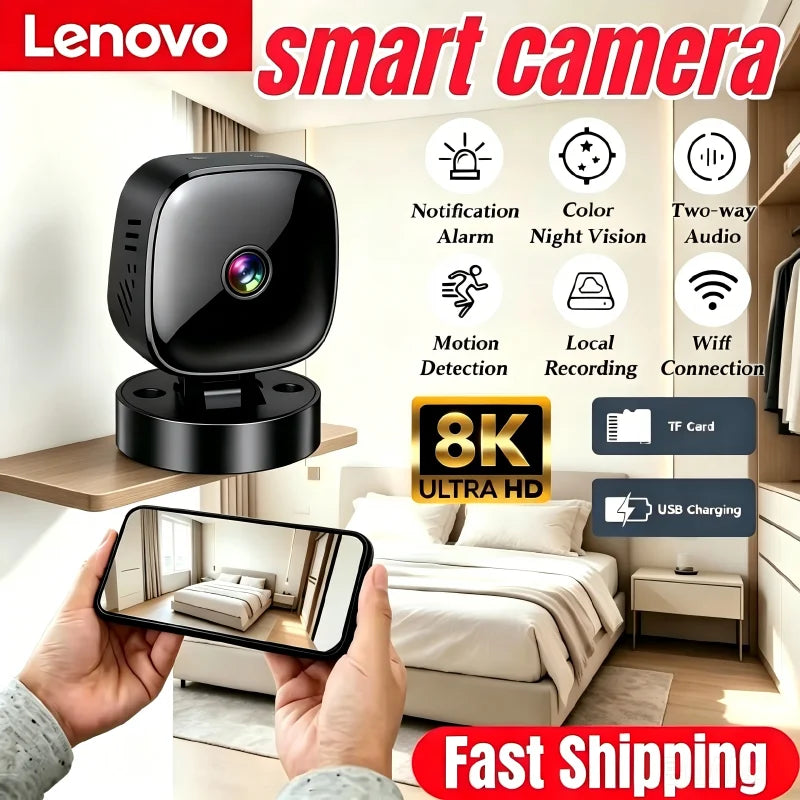 Lenovo Security Monitoring High Definition 8K Rotating WiFi Mini Camera No Need for Plug in Night Vision Smart Home 2026 New
