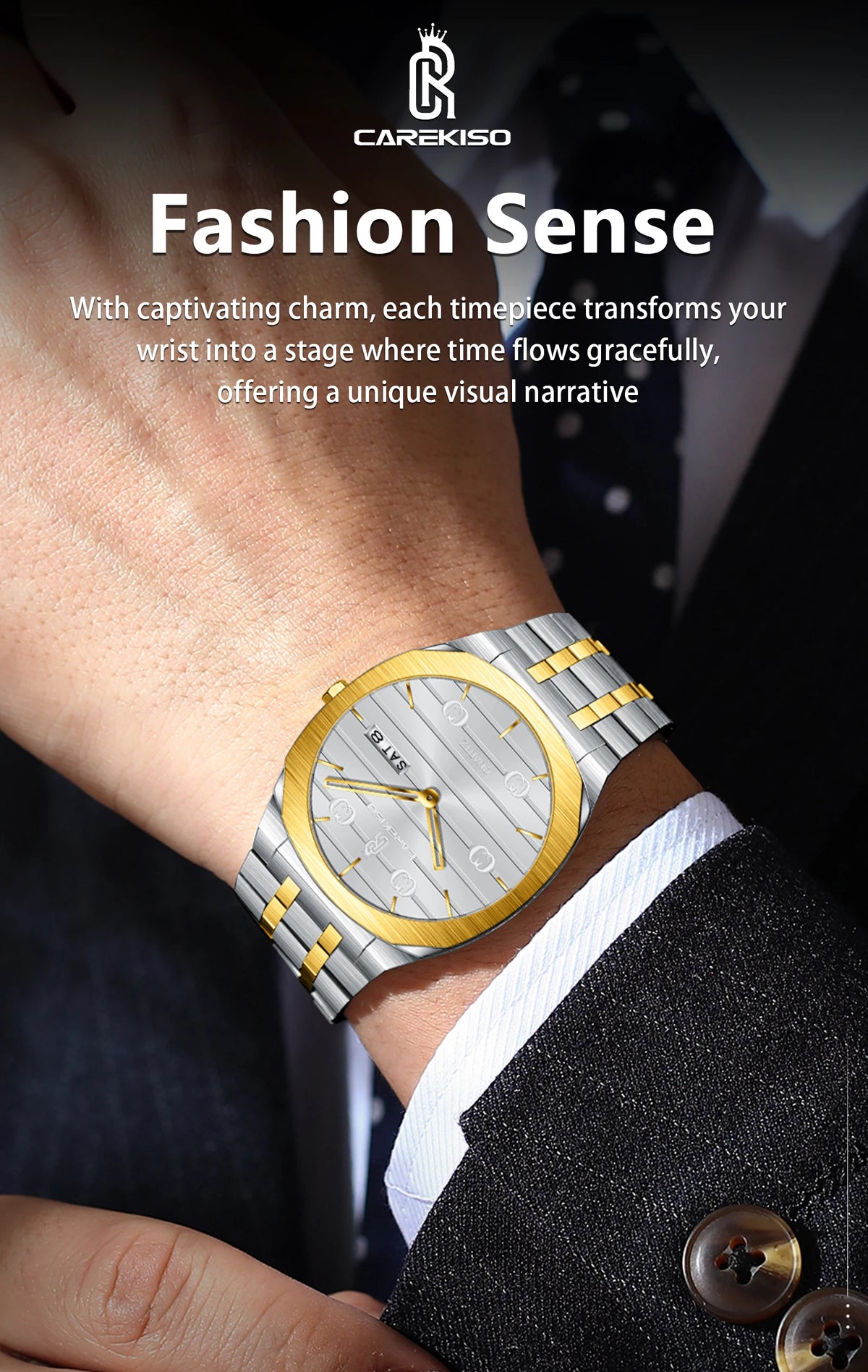 CAREKISO Luxury Fashion Men Clock Waterproof Week Date Casual Man Wristwatch Stainless Steel Quartz Business Men's Watches Reloj