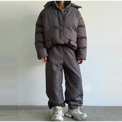Street Striped Women's Cotton Coat Trouser Suits Hooded Zippers  Autumn Winter Thicken Lady Set 2026 Chic Female Outfits