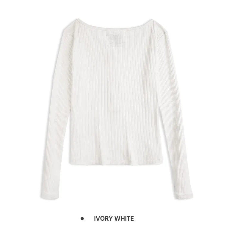 Maden Women’s Slim Fit Henley Shirt Ribbed Knit Long Sleeve T-shirt O-Neck Layering Top Solid Color Autumn Winter Inner Wear