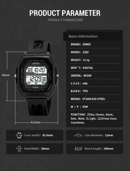 SKMEI 2282 Watches For Men Women 5Bar Waterproof Stopwatch Countdown Wristwatches Reloj Hombre Fashion Digital Sport Electronic
