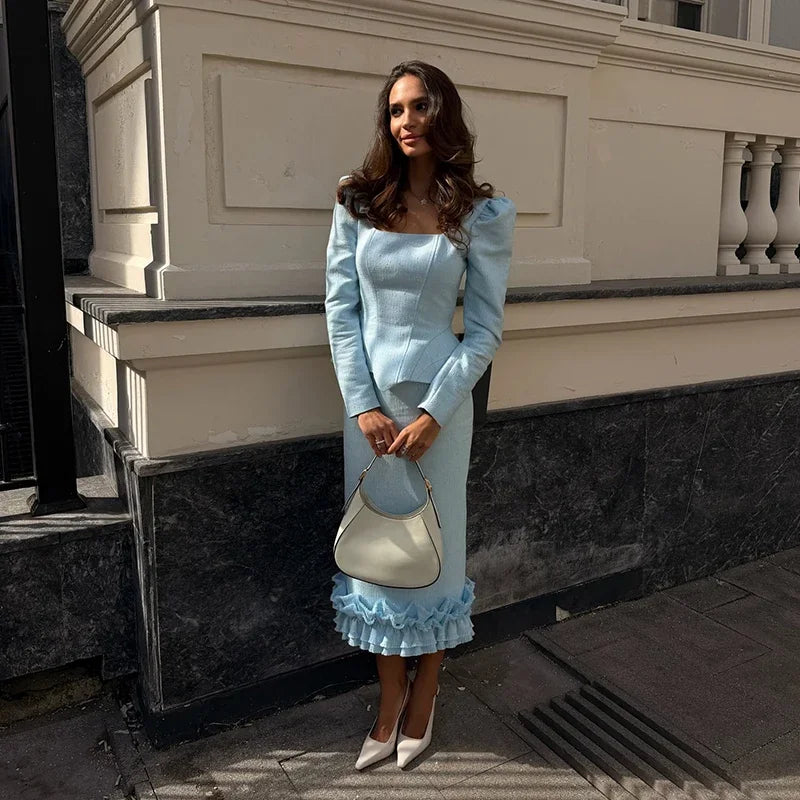Casual Solid Woolen Top Pants Set Women Puff Full Sleeve Closed Waist Blouse Straight Trousers Sets 2026 Autumn Winter Lady Suit