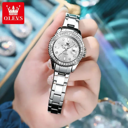 OLEVS 9945 Luxury Diamond Stainless Steel Quartz Watch for Women Elegant Ladies Waterproof Sport Women's Wristwatch Reloj Mujer