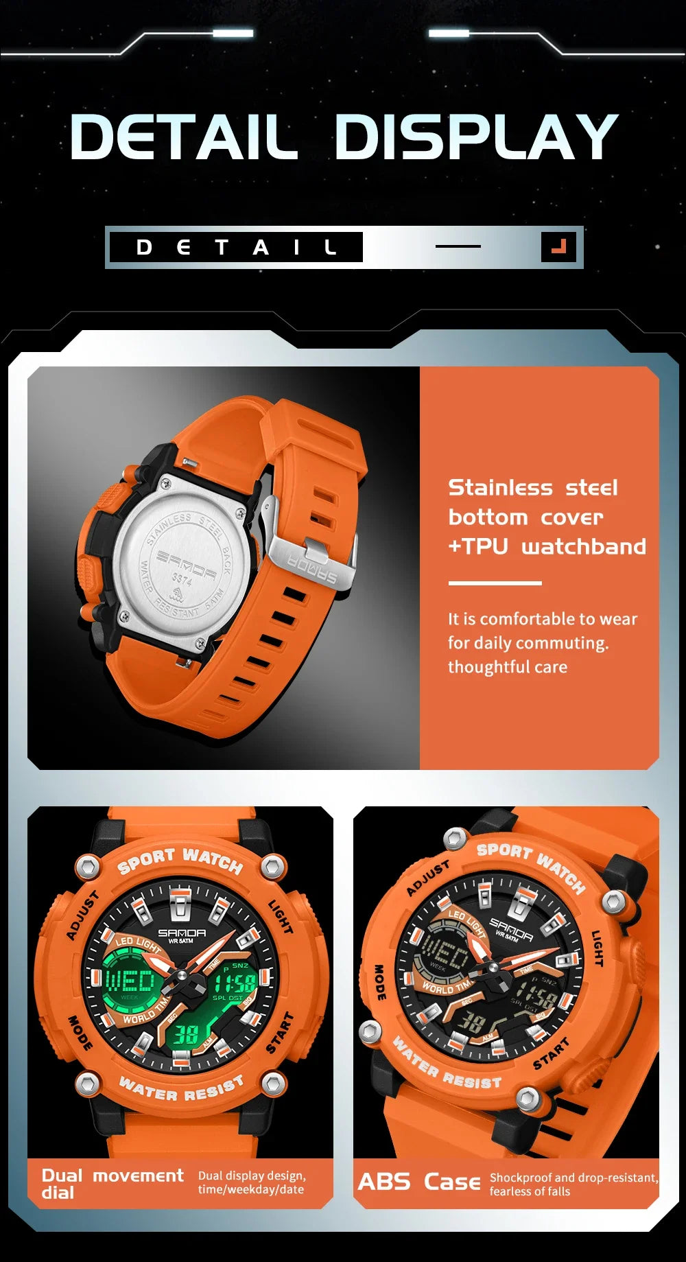 SANDA Outdoor Men's Electronic Wristwatch Large Dial Multifunctional Waterproof Luminous Alarm Military Sports Watch