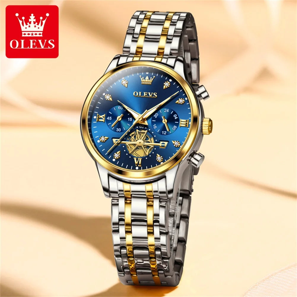OLEVS Luxury Flywheel Design Couple Wristwatch Chronograph Waterproof Moon Phase Watch Brand Original Quartz Watch for Men Women