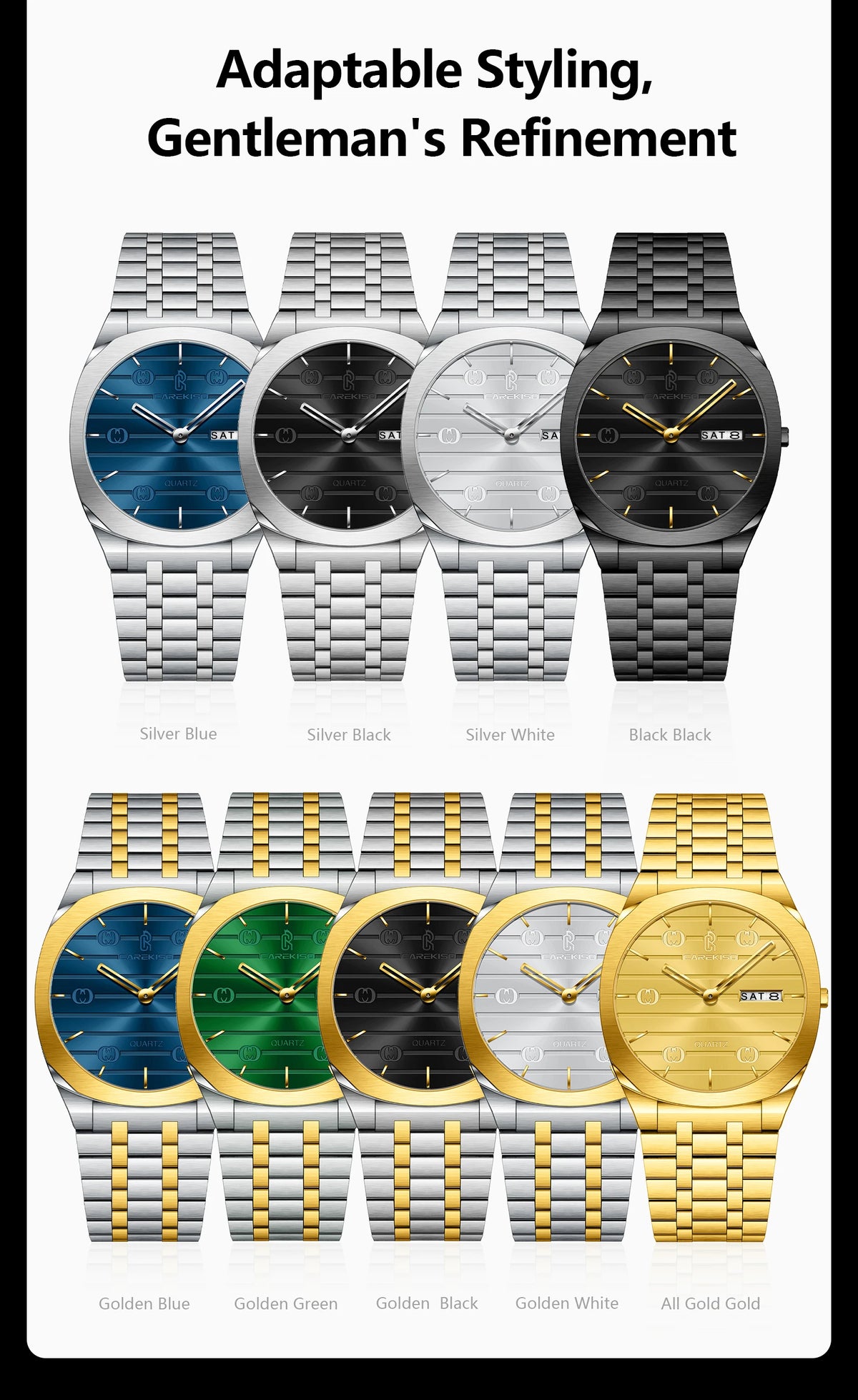 CAREKISO Luxury Fashion Men Clock Waterproof Week Date Casual Man Wristwatch Stainless Steel Quartz Business Men's Watches Reloj