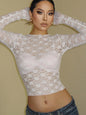 Long Sleeves See Through Lace Crop Top Solid Sexy Bodycon T-Shirt For Women Party Club Autumn Winter Clothes