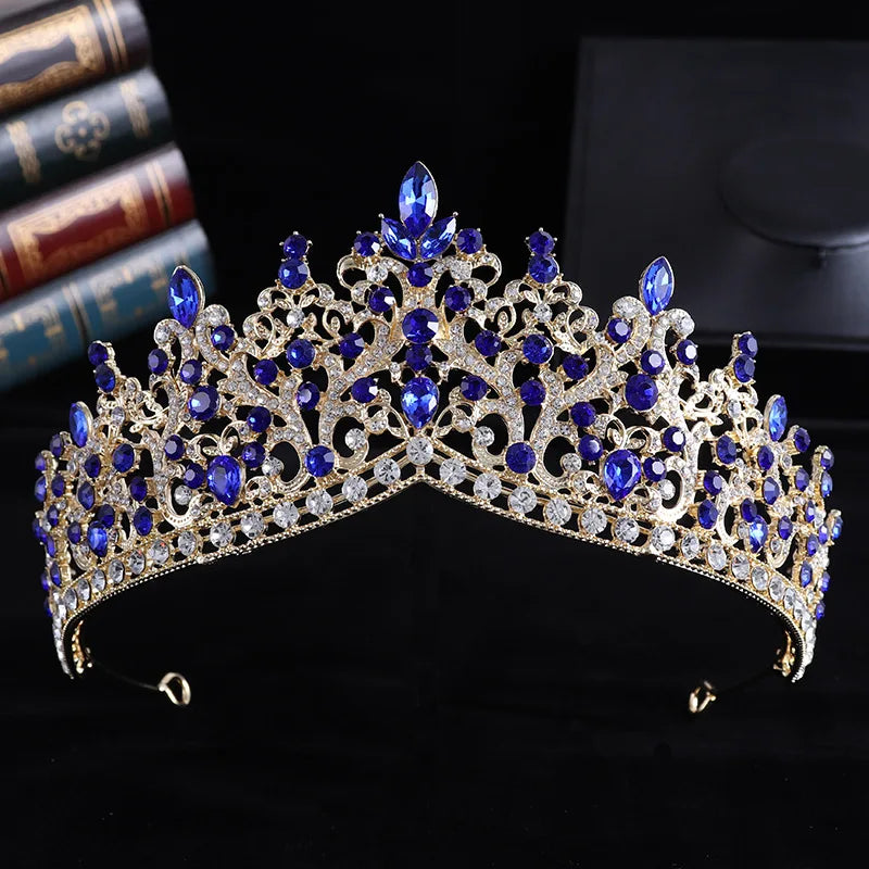Trendy Baroque Sky Blue Rhinestone Crystal Queen Crown Wedding Tiara Women Beauty Pageant Diadem Bridal Hair Accessories Jewelry