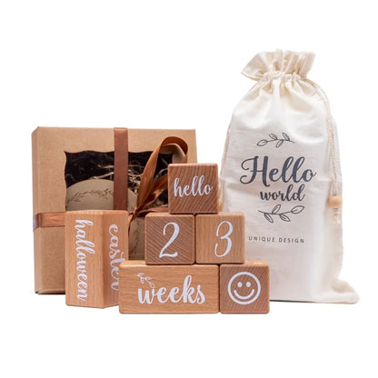 1Set Baby Month Milestone Card Beech Block Square Engraved Newborn Birth Month Birthday Milestones Block Photography Props